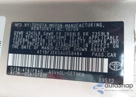 2010 Toyota Camry Le z USA, uszkodzony, nr VIN 4T1BF3EK5AU058484